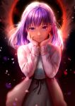  1girl akinashe bangs black_ribbon breasts commentary_request dress fate/stay_night fate_(series) hair_ribbon heaven&#039;s_feel highres jacket long_hair long_sleeves looking_at_viewer matou_sakura pink_jacket pink_ribbon purple_hair ribbon smile solo violet_eyes white_dress 