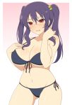  1girl :o alternate_hairstyle bikini breasts embarrassed front-tie_bikini front-tie_top glasses highres ichiryuu_tsumiki large_breasts navy_blue_bikini purple_hair red_eyes senran_kagura side-tie_bikini sidelocks suzune_(senran_kagura) swimsuit twintails under_boob 