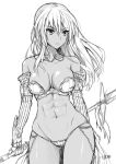  1girl abs armor bikini_armor breasts closed_mouth contrapposto copyright_request gauntlets holding holding_weapon jewelry kojima_saya long_hair medium_breasts navel necklace original simple_background solo standing toned weapon white_background 