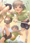 1boy blush brown_eyes brown_hair cocolo_(co_co_lo) flying_sweatdrops highres hood hoodie looking_at_viewer male_focus midriff navel open_mouth original short_shorts short_sleeves shorts smile solo sparkle struggling sweatdrop 