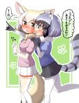  2girls absurdres animal_ears black_bow black_gloves black_hair black_neckwear black_skirt blonde_hair blue_shirt blush bow bowtie brown_eyes common_raccoon_(kemono_friends) eyebrows_visible_through_hair fang fennec_(kemono_friends) fox_ears fox_tail from_side fur_collar gloves gradient gradient_legwear grey_hair hand_on_another&#039;s_shoulder highres kemono_friends leg_up looking_at_another looking_back miniskirt multicolored_hair multiple_girls ngetyan open_mouth outline pantyhose pink_shirt pleated_skirt pointing raccoon_ears raccoon_tail shirt short_hair short_sleeves skin_fang skirt smile standing standing_on_one_leg striped_tail sweat tail thigh-highs translated white_gloves white_legwear white_outline yellow_bow yellow_legwear yellow_neckwear yuri 