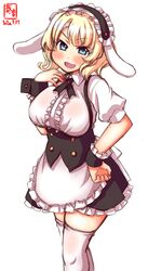  1girl alternate_costume alternate_legwear animal_ears apron artist_logo blonde_hair blue_eyes breasts center_frills colorado_(kantai_collection) commentary_request cosplay cowboy_shot dated eyebrows_visible_through_hair fake_animal_ears fleur_de_lapin_uniform floppy_ears frilled_apron frilled_hairband frilled_shirt frills gochuumon_wa_usagi_desu_ka? hairband headdress highres kanon_(kurogane_knights) kantai_collection kirima_sharo kirima_sharo_(cosplay) large_breasts look-alike looking_at_viewer open_mouth rabbit_ears revision shirt short_hair short_sleeves signature simple_background solo thigh-highs underbust uniform waitress wavy_hair white_apron white_background white_legwear wrist_cuffs 