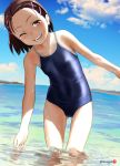  1girl ass_visible_through_thighs bare_arms bare_shoulders blush brown_eyes brown_hair collarbone competition_school_swimsuit covered_navel day hair_ornament hairclip highres looking_at_viewer mu-pyon ocean one-piece_swimsuit one_eye_closed open_mouth original outdoors school_swimsuit short_hair smile solo swimsuit wading water water_drop wet 
