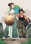  1boy 1girl ajirogasa arm_up basket black_hair black_tank_top boots breasts cabbage chi-chi_(dragon_ball) dragon_ball dragon_ball_(classic) dress fog gloves grass hair_bun harumaki hat holding lettuce long_sleeves looking_at_another looking_back medium_breasts medium_hair mountain muscle open_mouth outdoors overalls pants pelvic_curtain shoes short_hair smile son_gokuu spiky_hair standing tank_top upper_teeth vietnamese_dress walking white_gloves 