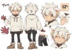  1boy animal_ears animal_toyroom boots character_sheet extra_ears gloves highres hood hoodie horns looking_at_viewer male_focus open_mouth original sheep_boy sheep_ears sheep_horns sheep_tail shorts simple_background smile solo tail virtual_youtuber waving white_background white_hair yellow_eyes 