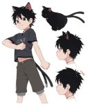  1boy animal_ears animal_toyroom black_hair cat cat_boy cat_ears cat_tail character_sheet closed_eyes extra_ears fang green_eyes highres jewelry looking_at_viewer male_focus midriff navel necklace nekomata original shirt shorts simple_background smile solo t-shirt tail virtual_youtuber white_background 
