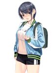  1girl backpack bag black_eyes black_hair breasts cowboy_shot earrings gen_(black_factory) gym_shorts gym_uniform highres jacket jewelry middle_finger original randoseru shirt short_hair shorts sidelocks solo track_jacket white_background white_shirt 