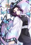  1girl belt belt_buckle black_hair black_jacket black_pants blue_butterfly blurry_foreground buckle bug butterfly butterfly_hair_ornament closed_mouth gradient_hair hair_ornament haori highres holding holding_sword holding_weapon insect jacket japanese_clothes katana kimetsu_no_yaiba kochou_shinobu looking_at_viewer military military_jacket military_uniform multicolored_hair ozblpnt pants purple_hair short_hair smile solo sword uniform violet_eyes weapon white_background white_belt 
