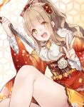  1girl bangs bare_legs blonde_hair blunt_bangs blush dagger eyebrows_visible_through_hair flower frilled_sleeves frills fur_trim hair_flower hair_ornament happy highres holding holding_dagger holding_knife holding_weapon japanese_clothes kimono knife little_red_riding_hood_(sinoalice) long_hair long_sleeves looking_at_viewer multicolored multicolored_clothes multicolored_kimono open_mouth ponytail red_flower short_kimono sidelocks sinoalice solo tassel teroru upper_body v wavy_hair weapon white_flower yellow_eyes 
