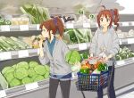  2girls brown_hair cabbage cardigan character_request food hair_ornament hair_ribbon hair_scrunchie highres hood hoodie idolmaster long_hair marimo_(momiage) multiple_girls pantyhose ponytail ribbon scrunchie shopping shopping_cart short_shorts shorts 