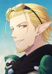  1boy animal_on_shoulder beard blonde_hair blue_background cape earrings facial_hair goggles goggles_on_head gradient gradient_background green_cape grin hair_slicked_back highres hood jewelry looking_at_viewer male_focus orange_eyes pixiv_fantasia pixiv_fantasia_age_of_starlight pointy_ears portrait shima108 smile solo trade_king_farid 