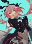  1boy absurdres astolfo_(fate) astolfo_(saber)_(fate) black_bow black_gloves black_neckwear black_ribbon bow bowtie braid commentary fate/apocrypha fate/grand_order fate_(series) gloves hair_intakes highres huge_filesize layered_skirt long_hair looking_at_viewer low_twintails midriff multicolored_hair navel otoko_no_ko otonashi02 pink_hair ribbon single_braid skirt smile streaked_hair twintails violet_eyes wing_collar 
