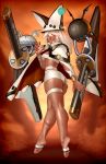  1girl absurdres ass breasts butt_crack cape clover dark_skin four-leaf_clover full_body grin guilty_gear guilty_gear_2 guilty_gear_xrd hat highres holding holding_weapon kairunoburogu large_breasts long_hair looking_at_viewer orange_background orange_eyes platinum_blonde_hair ramlethal_valentine shiny shiny_skin short_shorts shorts smile solo thigh_strap under_boob weapon 