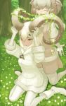  2girls :o ;d absurdres animal_ear_fluff animal_ears arms_up bangs black_hair bodystocking boots coat commentary curled_horns dall_sheep_(kemono_friends) day don3 flower fur-trimmed_sleeves fur_scarf fur_trim grass grey_hair hair_between_eyes highres horizontal_pupils horn_ornament horns kemono_friends kneeling looking_at_another looking_up medium_hair multicolored_hair multiple_girls one_eye_closed open_mouth outdoors scarf sheep_(kemono_friends) sheep_ears sheep_girl sheep_horns sheep_tail short_sleeves shorts sitting smile sweater_vest tail wariza white_hair yellow_eyes 