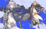  1boy armor artist_name blonde_hair blue_background blue_cape cape character_name closed_mouth excalibur holding holding_sword holding_weapon male_focus original personification plate_armor rosel-d solo sword touken_ranbu weapon zoom_layer 