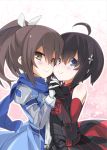  2girls :&gt; ahoge bangs bare_shoulders black_bodysuit black_gloves black_hair blue_eyes blue_jacket blue_scarf blush bodysuit bow brown_hair cheek-to-cheek commentary_request elbow_gloves eyebrows_visible_through_hair floral_background gloves hair_between_eyes hair_bow hair_ornament holding_hands itai_no_wa_iya_nano_de_bougyoryoku_ni_kyokufuri_shitai_to_omoimasu jacket long_sleeves looking_at_viewer maple_(bofuri) medium_hair multiple_girls orange_eyes ponytail puffy_sleeves sally_(bofuri) scarf shirt sidelocks smile tororo white_bow white_gloves white_shirt 