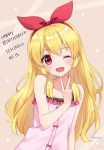  1girl ;d aikatsu! aikatsu!_(series) aikatsu_on_parade! anz32 bangs bare_arms bare_shoulders blonde_hair blush brown_background character_name collarbone commentary_request dated dress eyebrows_visible_through_hair hair_between_eyes hair_ribbon hand_up happy_birthday head_tilt hoshimiya_ichigo long_hair nail_polish one_eye_closed open_mouth pink_dress pink_nails red_eyes red_ribbon ribbon simple_background sleeveless sleeveless_dress smile solo star twitter_username v 