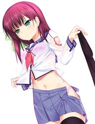  1girl angel_beats! black_legwear bow bra breasts cowboy_shot green_eyes hair_bow hairband highres legwear_removed looking_to_the_side medium_breasts navel otou_(otou_san) panties pink_bra pink_panties purple_hair see-through shinda_sekai_sensen_uniform simple_background solo unbuttoned underwear undressing wet wet_clothes white_background yuri_(angel_beats!) 