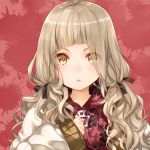  1girl bangs black_ribbon blonde_hair blood blood_splatter blunt_bangs blush eyes_visible_through_hair hair_ribbon hood hoodie jacket little_red_riding_hood_(sinoalice) long_hair long_sleeves looking_at_viewer reality_arc_(sinoalice) red_hoodie ribbon sinoalice sleeves_past_wrists solo teroru twintails upper_body wavy_hair yellow_eyes 