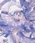  1girl amatsukiryoyu blue_hair cherry_blossoms closed_mouth dress floating_hair flower garter_straps hair_flower hair_ornament hatsune_miku long_hair red_eyes rose smile snow solo thigh-highs very_long_hair vocaloid white_dress white_flower white_legwear white_rose 