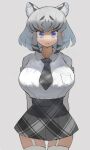  1girl :&lt; absurdres animal_ear_fluff animal_ears arms_behind_back black_hair blue_eyes breast_pocket breasts commentary cowboy_shot extra_ears fang fang_out garter_straps grey_background grey_skirt highres kemono_friends large_breasts looking_at_viewer medium_hair multicolored_hair necktie plaid plaid_necktie plaid_skirt pocket shirt shirt_tucked_in simple_background skirt solo tented_shirt thigh-highs thigh_gap tiger_ears two-tone_hair white_hair white_shirt white_tiger_(kemono_friends) zuchi00 