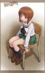  1girl artist_name bangs black_legwear black_neckwear blouse brown_eyes brown_footwear brown_hair chair character_name commentary dated eyebrows_visible_through_hair girls_und_panzer green_skirt loafers long_sleeves looking_at_viewer miniskirt neckerchief nishizumi_miho nyororiso_(muyaa) ooarai_school_uniform open_mouth pleated_skirt school_chair school_uniform serafuku shoes short_hair signature sitting skirt smile socks solo translated white_blouse wooden_chair 