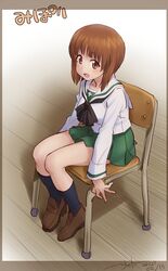  1girl artist_name bangs black_legwear black_neckwear blouse brown_eyes brown_footwear brown_hair chair character_name commentary dated eyebrows_visible_through_hair girls_und_panzer green_skirt loafers long_sleeves looking_at_viewer miniskirt neckerchief nishizumi_miho nyororiso_(muyaa) ooarai_school_uniform open_mouth pleated_skirt school_chair school_uniform serafuku shoes short_hair signature sitting skirt smile socks solo translated white_blouse wooden_chair 