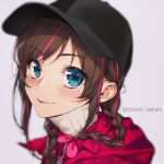  1girl a.i._channel alternate_costume alternate_hairstyle artist_name baseball_cap black_headwear blue_eyes blurry blush braid brown_hair closed_mouth depth_of_field eyebrows_visible_through_hair eyelashes grey_background hat highres jacket kizuna_ai lips long_hair looking_at_viewer multicolored_hair pink_hair portrait poteti red_jacket ribbed_sweater simple_background smile solo streaked_hair sweater turtleneck turtleneck_sweater twin_braids twitter_username two-tone_hair virtual_youtuber 