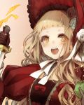  1girl apple bangs black_gloves blonde_hair blunt_bangs blush bonnet bow dagger dress eyes_visible_through_hair fire flower food fruit gloves hair_ribbon highres holding holding_dagger holding_food holding_fruit holding_knife holding_weapon juliet_sleeves knife little_red_riding_hood_(sinoalice) long_hair long_sleeves looking_at_viewer neck_ribbon open_mouth pink_background puffy_sleeves red_bow red_dress red_flower red_headwear red_ribbon red_rose ribbon rose sidelocks simple_background sinoalice solo teroru upper_body upper_teeth victorian wavy_hair weapon white_flower white_ribbon white_rose yellow_eyes 