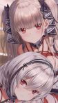  2girls :o azur_lane bangs bare_shoulders blush breasts choker collarbone commentary_request earrings eyebrows_visible_through_hair face formidable_(azur_lane) hair_between_eyes hair_ornament hair_ribbon haneru jewelry large_breasts long_hair looking_at_viewer maid_headdress medium_breasts medium_hair multiple_girls red_eyes restrained ribbon shibari short_hair silver_hair sirius_(azur_lane) 