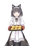  1girl :d animal_ear_fluff animal_ears apron black_hair black_skirt blush cat_ears commentary_request fang frilled_apron frills holding juliet_sleeves komugi_(wataame27) long_sleeves looking_at_viewer maid_headdress open_mouth original oven_mitts puffy_sleeves shirt short_hair simple_background skirt smile solo violet_eyes wataame27 white_apron white_background white_shirt 