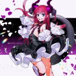 1girl artist_name black_dress blue_eyes bodypaint boots breasts cowboy_shot detached_sleeves dragon_horns dress elizabeth_bathory_(fate) elizabeth_bathory_(fate)_(all) eyebrows_visible_through_hair fate/extra fate/grand_order fate_(series) frilled_dress frilled_sleeves frills gradient gradient_background grey_background grin hair_ornament hair_ribbon horns lips long_hair looking_at_viewer petals pink_hair pointy_ears poteti purple_background ribbon small_breasts smile solo tail teeth thighs twitter_username white_footwear