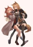  &gt;o&lt; 2girls absurdres angelina_(arknights) animal_ears arknights arm_around_waist asymmetrical_bangs bangs belt black_dress black_footwear black_jacket black_legwear black_shorts blonde_hair blush boots breasts ceobe_(arknights) cross-laced_footwear dog_ears dog_tail dress earpiece fox_ears fox_tail full_body gloves hairband highres jacket lace-up_boots long_hair looking_at_another medium_breasts multiple_girls open_mouth orange_hair parted_bangs pink_background red_eyes short_dress short_shorts shorts simple_background smile socks standing sweatdrop tail thigh-highs thigh_boots thighs turtleneck wavy_mouth white_gloves white_jacket wingure yuri zettai_ryouiki 