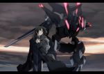  1boy bangs black_hair bodysuit clouds cloudy_sky coat eyebrows_visible_through_hair film_grain glowing grimreaper_(fafner) letterboxed long_sleeves makabe_kazuki mecha open_clothes open_coat parted_bangs pilot_suit short_hair sky soukyuu_no_fafner synergetic_suit thigh_cutout yellow_eyes yri_ll 