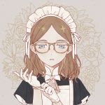  1girl adjusting_clothes adjusting_gloves bangs blue_eyes bow bowtie brown-framed_eyewear brown_hair dot_nose eyelashes floral_background glasses gloves haimura_kiyotaka half-closed_eyes maid_headdress original parted_bangs parted_lips solo white_bow white_gloves white_neckwear 