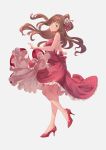  1girl backless_dress backless_outfit blush brown_eyes brown_hair dress floating_hair flower from_side full_body gawain_(artist) grin hair_flower hair_ornament hair_ribbon head_tilt high_heels highres idolmaster idolmaster_cinderella_girls long_dress long_hair looking_at_viewer pump red_dress red_footwear red_ribbon ribbon shimamura_uzuki shiny shiny_hair simple_background sleeveless sleeveless_dress smile solo standing standing_on_one_leg very_long_hair white_background white_flower 