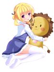  1girl :d bangs bashen_chenyue belt black_belt black_ribbon blonde_hair blue_dress blush collared_shirt dress eyebrows_visible_through_hair feet from_side full_body girlish_number hair_ribbon hair_rings highres holding holding_stuffed_animal long_sleeves looking_at_viewer looking_to_the_side neck_ribbon no_shoes open_mouth ribbon shirt simple_background sleeveless sleeveless_dress smile soles solo sonou_momoka stuffed_animal stuffed_lion stuffed_toy thigh-highs twintails violet_eyes white_background white_legwear white_shirt 
