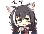 1girl animal_ear_fluff animal_ears bangs bare_shoulders black_hair blush cat_ears cat_girl chibi detached_sleeves eyebrows_visible_through_hair green_eyes hair_between_eyes hair_ribbon hand_on_own_cheek highres karyl_(princess_connect!) long_hair looking_at_viewer low_twintails multicolored_hair open_mouth princess_connect! princess_connect!_re:dive purple_ribbon ribbon sidelocks simple_background solo teen_(teen629) twintails two-tone_hair white_background white_hair 