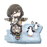  1girl animal arknights bird brown_hair closed_eyes creepy_himecchi eyebrows_behind_hair gloves hair_between_eyes highres ice ice_skates long_sleeves looking_at_another magallan_(arknights) medium_hair multicolored_hair open_mouth outstretched_arms penguin simple_background skates smile t-pose two-tone_hair walking white_background |d 