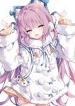  1girl animal_ears arms_up azur_lane blue_eyes blue_ribbon blush brown_sweater coat dress eyebrows_visible_through_hair fake_animal_ears fur_trim hair_ornament hair_ribbon half-closed_eyes highres long_hair long_sleeves looking_at_viewer open_mouth pocket pom_pom_(clothes) purple_hair ribbon shirt simple_background solo sweater sweater_dress tashkent_(azur_lane) thigh-highs unacchi_(nyusankin) very_long_hair white_background white_coat white_legwear 