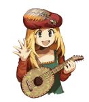  1girl :d beret blonde_hair blue_eyes chinese_commentary collarless_shirt commentary_request dress eyebrows_visible_through_hair eyes_visible_through_hair hat holding holding_instrument instrument long_hair long_sleeves open_mouth priscilla_(the_witcher) red_headwear ruukii_drift simple_background smile solo teeth the_witcher the_witcher_3 upper_body upper_teeth waving white_background 