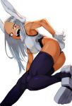  1girl :d animal_ear_fluff animal_ears arm_at_side arm_behind_back armor armored_boots armpits ass backlighting bangs blue_footwear blue_legwear blurry blurry_foreground boku_no_hero_academia boots breasts bunny_ears bunny_tail chorogon crescent_print dark_skin dark-skinned_female depth_of_field flat_ass from_below from_side fur_collar gloves highleg highleg_leotard highres leaning_forward leg_up leotard looking_at_viewer looking_back looking_down looking_to_the_side medium_breasts mirko open_mouth parted_bangs rabbit_ears red_eyes simple_background slit_pupils smile solo standing standing_on_one_leg straight_hair swept_bangs tail tail_through_clothes teeth thigh_boots thighhighs thighs toned upper_teeth v-shaped_eyebrows white_background white_gloves white_hair white_leotard 
