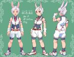  1boy animal_ears animal_toyroom bike_shorts bunnyboy character_sheet green_background highres male_focus midriff navel necktie original rabbit_ears red_eyes shoes shorts smile sneakers solo vest virtual_youtuber white_hair 