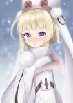  1girl azur_lane black_gloves blonde_hair blush coat eyebrows_visible_through_hair fur_trim gloves grozny_(azur_lane) hat hayashi_maka highres jacket long_hair long_sleeves looking_at_viewer open_mouth short_hair smile snowing solo tongue tongue_out violet_eyes white_headwear winter_clothes 
