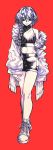  1girl bare_shoulders black_eyes blue_hair braid closed_mouth fingernails fur-trimmed_jacket fur_trim hair_between_eyes hatching_(texture) highres jacket long_hair monochrome navel original red_background shoes simple_background sleeves_past_wrists sneakers solo standing turtleneck zero808w 