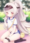  1girl :&lt; animal azur_lane bangs bird black_headwear black_legwear blue_buruma blunt_bangs blurry blurry_background blush brown_eyes buruma character_name chick closed_mouth collarbone commentary_request day depth_of_field eyebrows_visible_through_hair grey_hair hand_up heart high_ponytail highres koko_ne_(user_fpm6842) long_hair looking_at_viewer manjuu_(azur_lane) name_tag navel no_shoes outdoors ponytail ribbed_legwear seiza shirt shirt_lift short_sleeves sitting socks soles solo tree very_long_hair visor_cap whistle whistle_around_neck white_shirt z46_(azur_lane) 