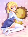  1girl :d bangs bashen_chenyue belt black_belt black_ribbon blonde_hair blue_dress blush cherry_blossom_print collared_shirt commentary_request dress eyebrows_visible_through_hair feet floral_print from_side full_body girlish_number hair_ribbon hair_rings highres holding holding_stuffed_animal long_sleeves looking_at_viewer looking_to_the_side neck_ribbon no_shoes open_mouth ribbon shadow shirt sleeveless sleeveless_dress smile soles solo sonou_momoka stuffed_animal stuffed_lion stuffed_toy thigh-highs twintails violet_eyes white_legwear white_shirt 