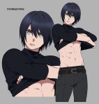  1672 1boy bangs belt black_belt black_hair black_pants cropped_legs cropped_torso double_cross_(f.e.a.r.) grey_background grey_eyes groin hair_between_eyes hands_up long_sleeves looking_at_viewer male_focus navel pants parted_lips pulled_by_self shirt shirt_lift simple_background solo toned toned_male undressing wanuki_akira zoom_layer 