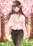  1girl :d absurdres black_pants blurry blurry_background breasts brown_hair cherry_blossoms commentary_request day depth_of_field flower green_eyes hair_flower hair_ornament head_tilt highres kurosawa_dia long_hair long_sleeves love_live! love_live!_sunshine!! open_mouth outdoors pants petals pink_flower pink_shirt shirt sin_(sin52y) small_breasts smile solo spring_(season) tree very_long_hair 