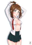  1girl :o adjusting_hair arms_up blush boku_no_hero_academia breasts brown_eyes brown_hair collared_shirt highres large_breasts long_sleeves looking_at_viewer medium_breasts meru_rumi no_bra open_mouth school_uniform shirt simple_background skirt solo tying_hair u.a._school_uniform unbuttoned unbuttoned_shirt uniform untied uraraka_ochako white_background 